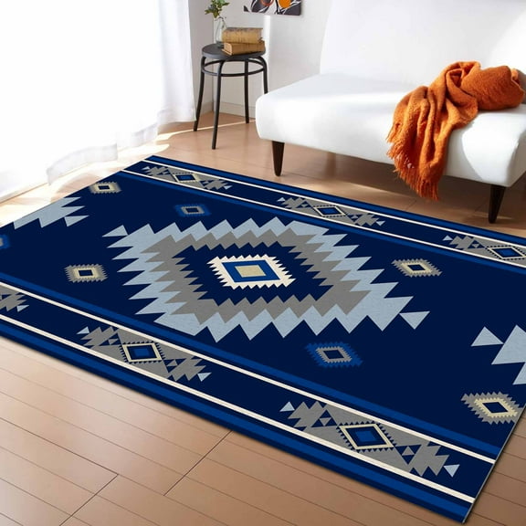 Boho Area Rug 4'x6' Bohemian Decoration Brown Blue Texture Washable Area Rugs Non Shedding Floor Carpet Rubber Backing Non-Slip Indoor Mats for Living Room Bedroom Kitchen