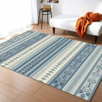 Boho Area Rug 5'x7' Blue Stripes Abstract Geometric Texture Washable Area Rugs Non Shedding Floor Carpet Rubber Backing Non-Slip Indoor Mats for Living Room Bedroom Kitchen