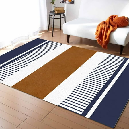 Boho Area Rug 5'x7' Brown and Navy Blue Striped Tribal Farmhouse Style Washable Area Rugs Non Shedding Floor Carpet Rubber Backing Non-Slip Indoor Mats for Living Room Bedroom Kitchen