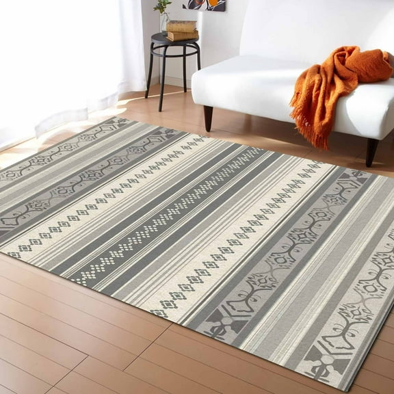 Boho Area Rug 5'x7' Khaki Stripes Abstract Geometric Texture Washable Area Rugs Non Shedding Floor Carpet Rubber Backing Non-Slip Indoor Mats for Living Room Bedroom Kitchen