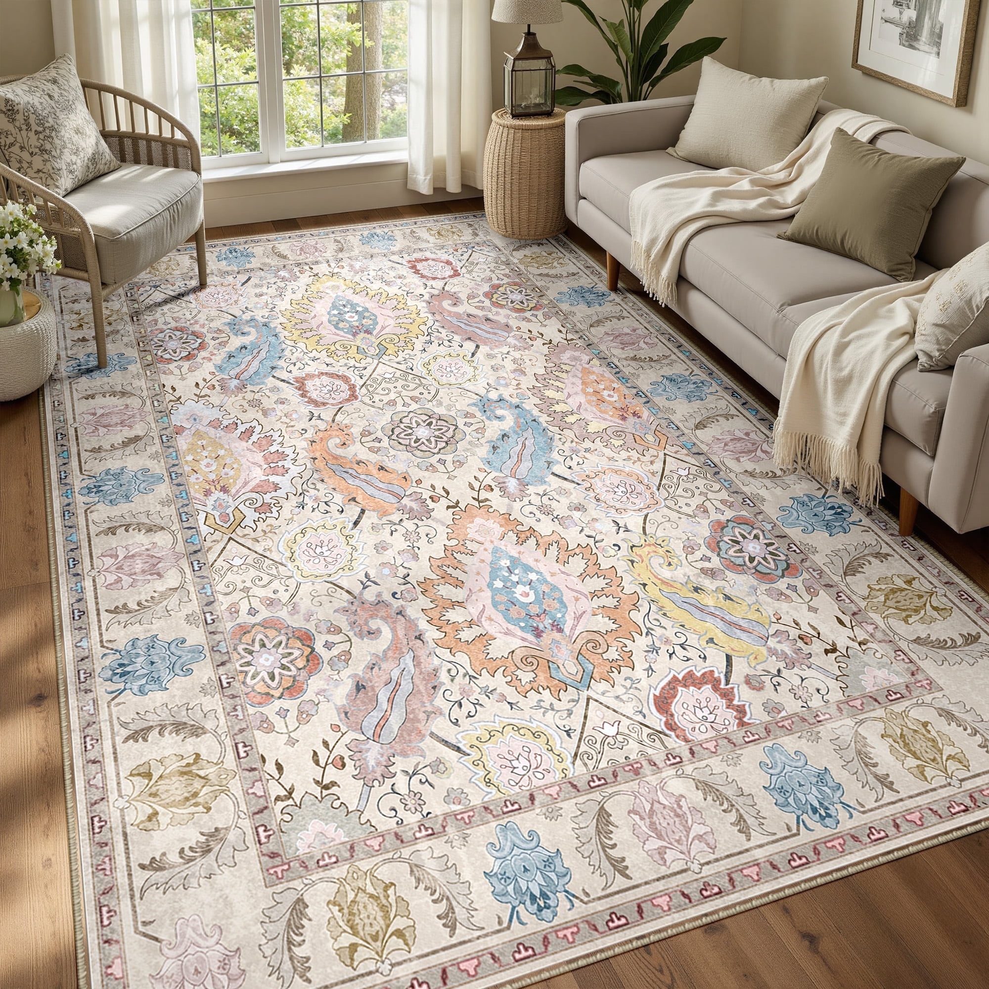 NewBuros Area Rugs 5'x7' Washable Non-Slip Boho Rugs, Soft Stain Resistant Low Pile Print Indoor Carpet for Living Room Bedroom Dining Room, Cream