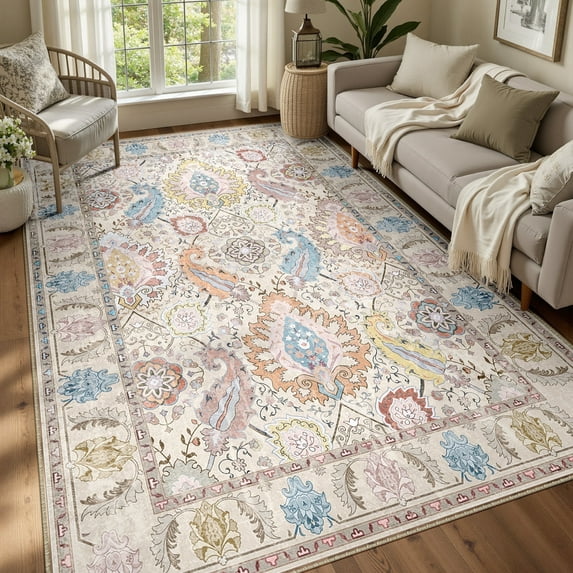 NewBuros Area Rugs 5'x7' Washable Non-Slip Boho Rugs, Soft Stain Resistant Low Pile Print Indoor Carpet for Living Room Bedroom Dining Room, Cream