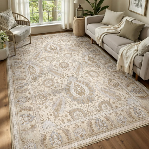 NewBuros Area Rugs 5'x7' Washable Non-Slip Boho Rugs, Soft Stain Resistant Low Pile Print Indoor Carpet for Living Room Bedroom Dining Room, Khaki