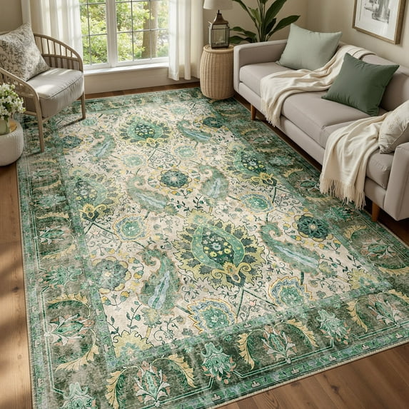 NewBuros Area Rugs 5'x7' Washable Non-Slip Boho Rugs, Soft Stain Resistant Low Pile Print Indoor Carpet for Living Room Bedroom Dining Room, Light Green
