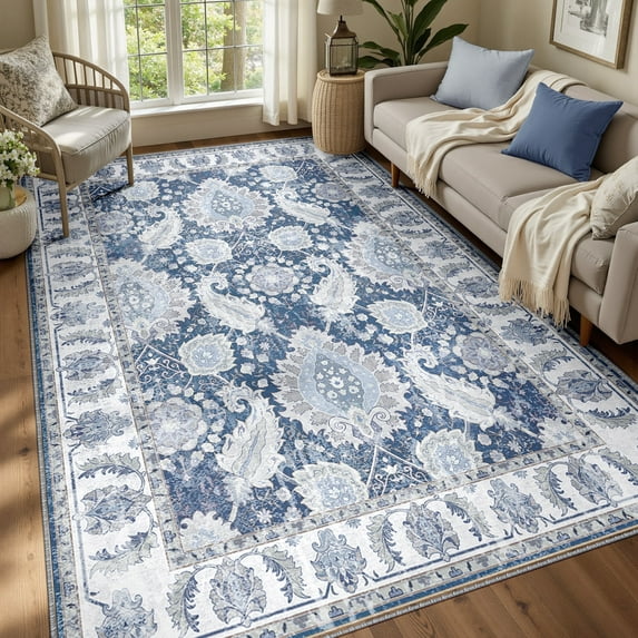 NewBuros Area Rugs 5'x7' Washable Non-Slip Boho Rugs, Soft Stain Resistant Low Pile Print Indoor Carpet for Living Room Bedroom Dining Room, Navy Blue