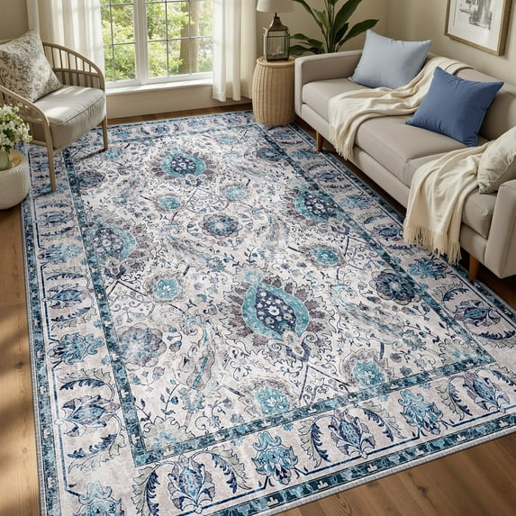 NewBuros Area Rugs 5'x7' Washable Non-Slip Boho Rugs, Soft Stain Resistant Low Pile Print Indoor Carpet for Living Room Bedroom Dining Room, Turquoise