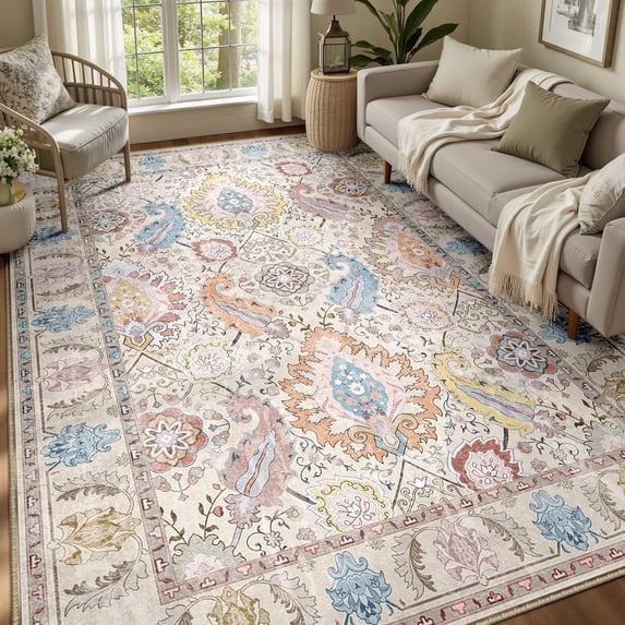 NewBuros Area Rugs 6'x9' Washable Non-Slip Boho Rugs, Soft Stain Resistant Low Pile Print Indoor Carpet for Living Room Bedroom Dining Room, Cream