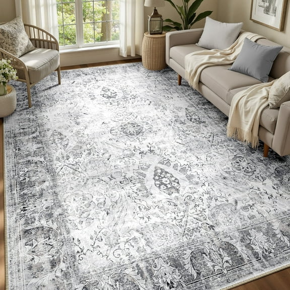 NewBuros Area Rugs 6'x9' Washable Non-Slip Boho Rugs, Soft Stain Resistant Low Pile Print Indoor Carpet for Living Room Bedroom Dining Room, Gray & Black
