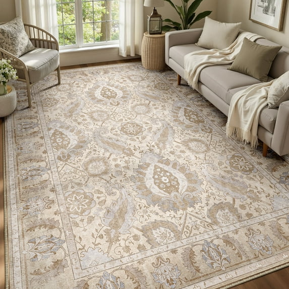 NewBuros Area Rugs 6'x9' Washable Non-Slip Boho Rugs, Soft Stain Resistant Low Pile Print Indoor Carpet for Living Room Bedroom Dining Room, Khaki