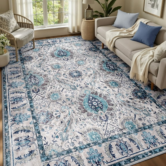 NewBuros Area Rugs 6'x9' Washable Non-Slip Boho Rugs, Soft Stain Resistant Low Pile Print Indoor Carpet for Living Room Bedroom Dining Room, Turquoise
