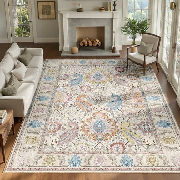 Washable Area Rug for Living Room, 6'x9' Non-Slip Vintage Boho Light ...