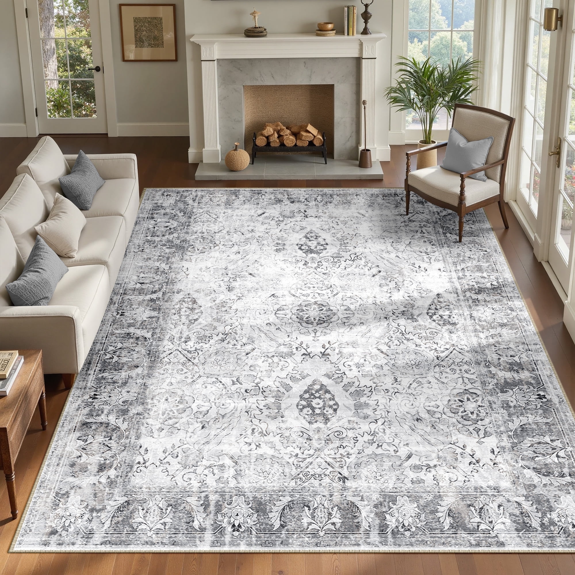 NewBuros Area Rugs 8'x10' Washable Non-Slip Boho Rugs, Soft Stain Resistant Low Pile Print Indoor Carpet for Living Room Bedroom Dining Room, Gray & Black