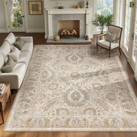 NewBuros Area Rugs 8'x10' Washable Non-Slip Boho Rugs, Soft Stain Resistant Low Pile Print Indoor Carpet for Living Room Bedroom Dining Room, Khaki