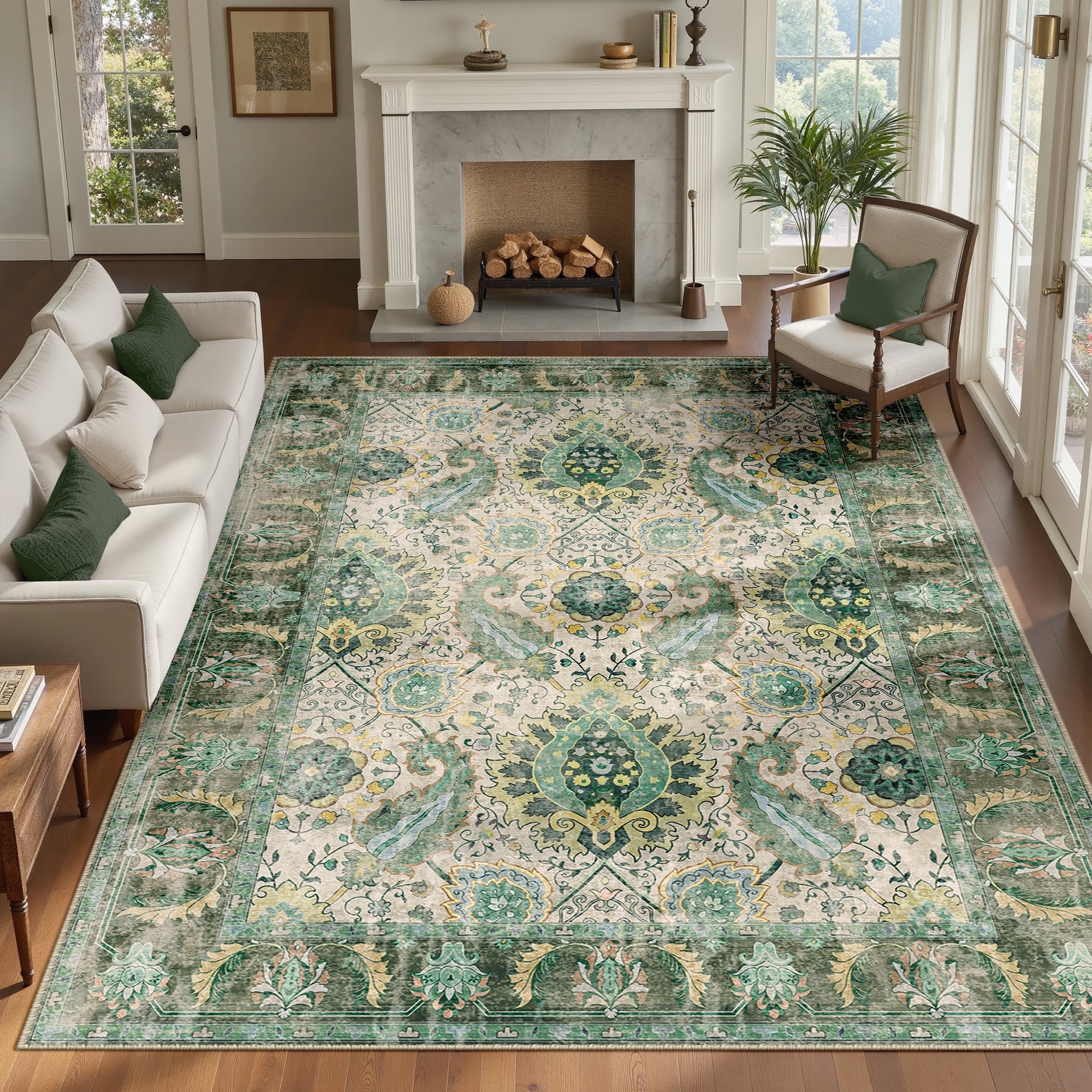 NewBuros Area Rugs 8'x10' Washable Non-Slip Boho Rugs, Soft Stain Resistant Low Pile Print Indoor Carpet for Living Room Bedroom Dining Room, Light Green
