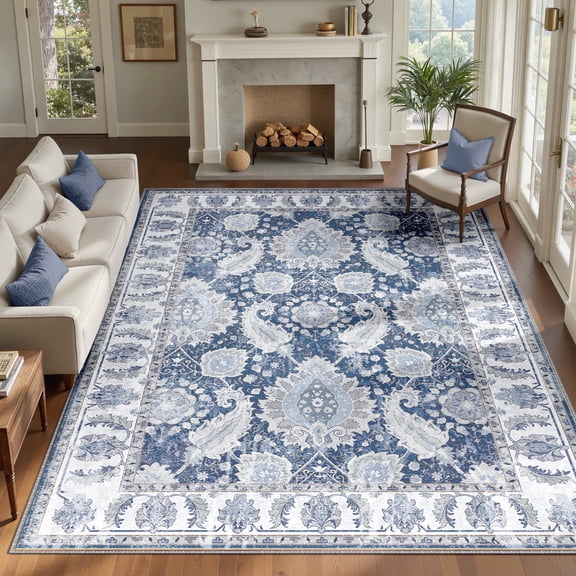 NewBuros Area Rugs 8'x10' Washable Non-Slip Boho Rugs, Soft Stain Resistant Low Pile Print Indoor Carpet for Living Room Bedroom Dining Room, Navy Blue