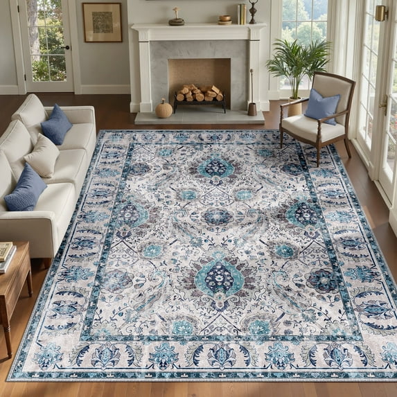 NewBuros Area Rugs 8'x10' Washable Non-Slip Boho Rugs, Soft Stain Resistant Low Pile Print Indoor Carpet for Living Room Bedroom Dining Room, Turquoise