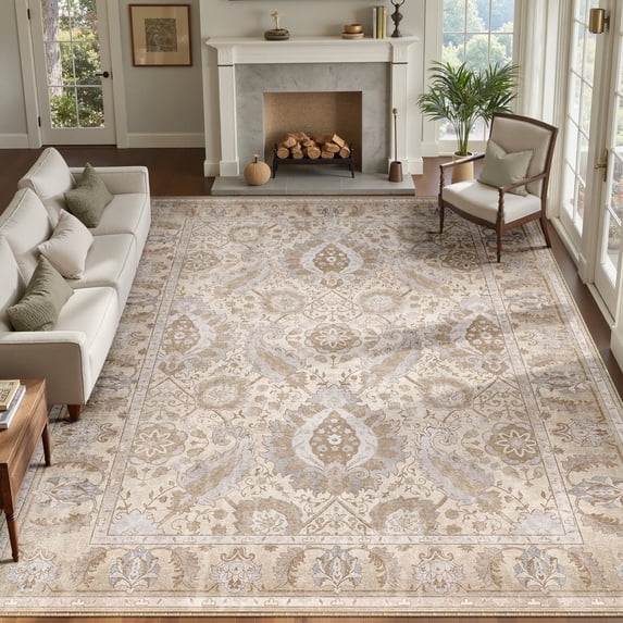 NewBuros Area Rugs 9'x12' Washable Non-Slip Boho Rugs, Soft Stain Resistant Low Pile Print Indoor Carpet for Living Room Bedroom Dining Room, Khaki