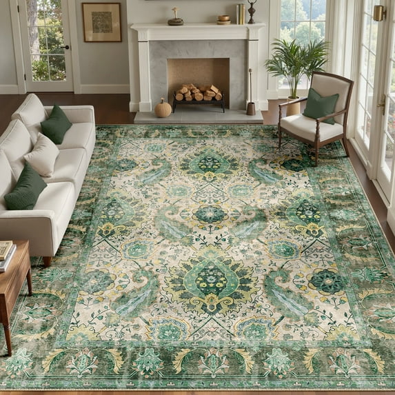 NewBuros Area Rugs 9'x12' Washable Non-Slip Boho Rugs, Soft Stain Resistant Low Pile Print Indoor Carpet for Living Room Bedroom Dining Room, Light Green
