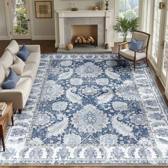 NewBuros Area Rugs 9'x12' Washable Non-Slip Boho Rugs, Soft Stain Resistant Low Pile Print Indoor Carpet for Living Room Bedroom Dining Room, Navy Blue