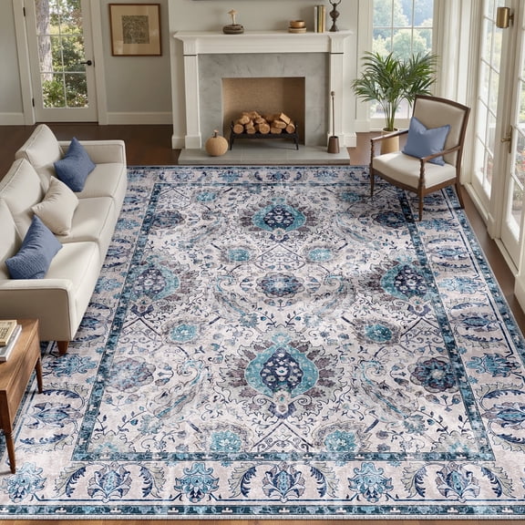 NewBuros Area Rugs 9'x12' Washable Non-Slip Boho Rugs, Soft Stain Resistant Low Pile Print Indoor Carpet for Living Room Bedroom Dining Room, Turquoise
