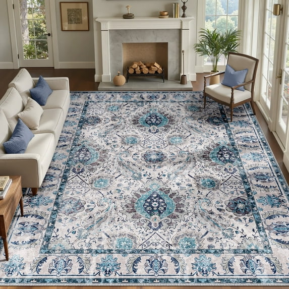 NewBuros Area Rugs 9'x12' Washable Non-Slip Boho Rugs, Soft Stain Resistant Low Pile Print Indoor Carpet for Living Room Bedroom Dining Room, Turquoise