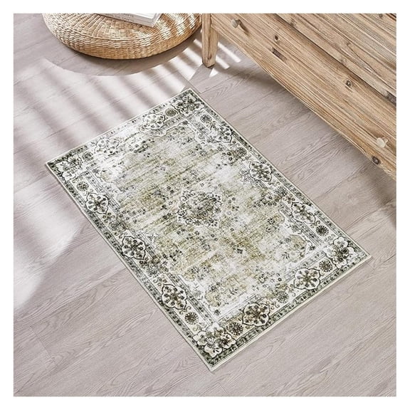Boho Area Rug, Low Pile Vintage Oriental Washable Rugs, 2x3 Kitchen Carpet No Shedding Entryway Rug for , Bedside, Playroom, Indoor Decor, Green