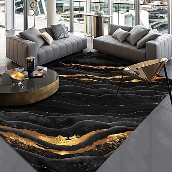 Boho Area Rug Machine Washable, Non Slip Area Rugs for Entryway Bedroom Bedside Kitchen Hallway Living Room Laundry Room Indoor Mat Soft Low-Gold Lines Lava Pattern