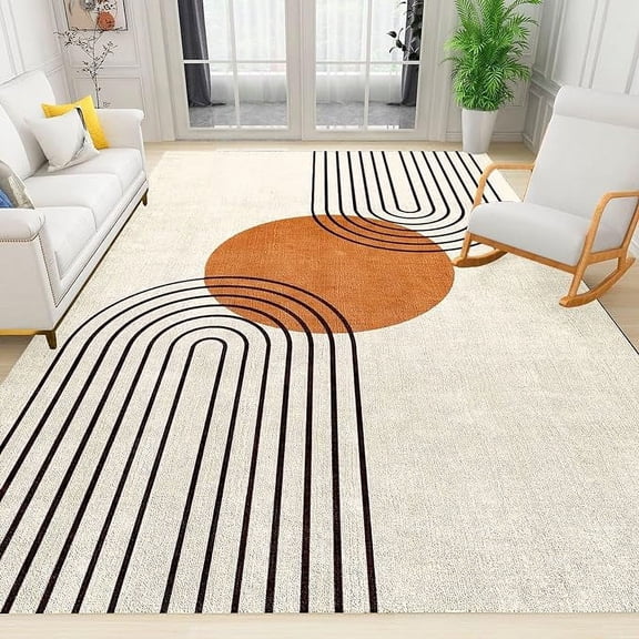 Boho Lvory Orange Area Rug, Mid Century Modern Abstrac Art Line Minimalist Rugs Mats, Vintage Washable Soft Fluffy Large Floor Carpet For Kids Bedroom Living Room Office 4 x 5ft