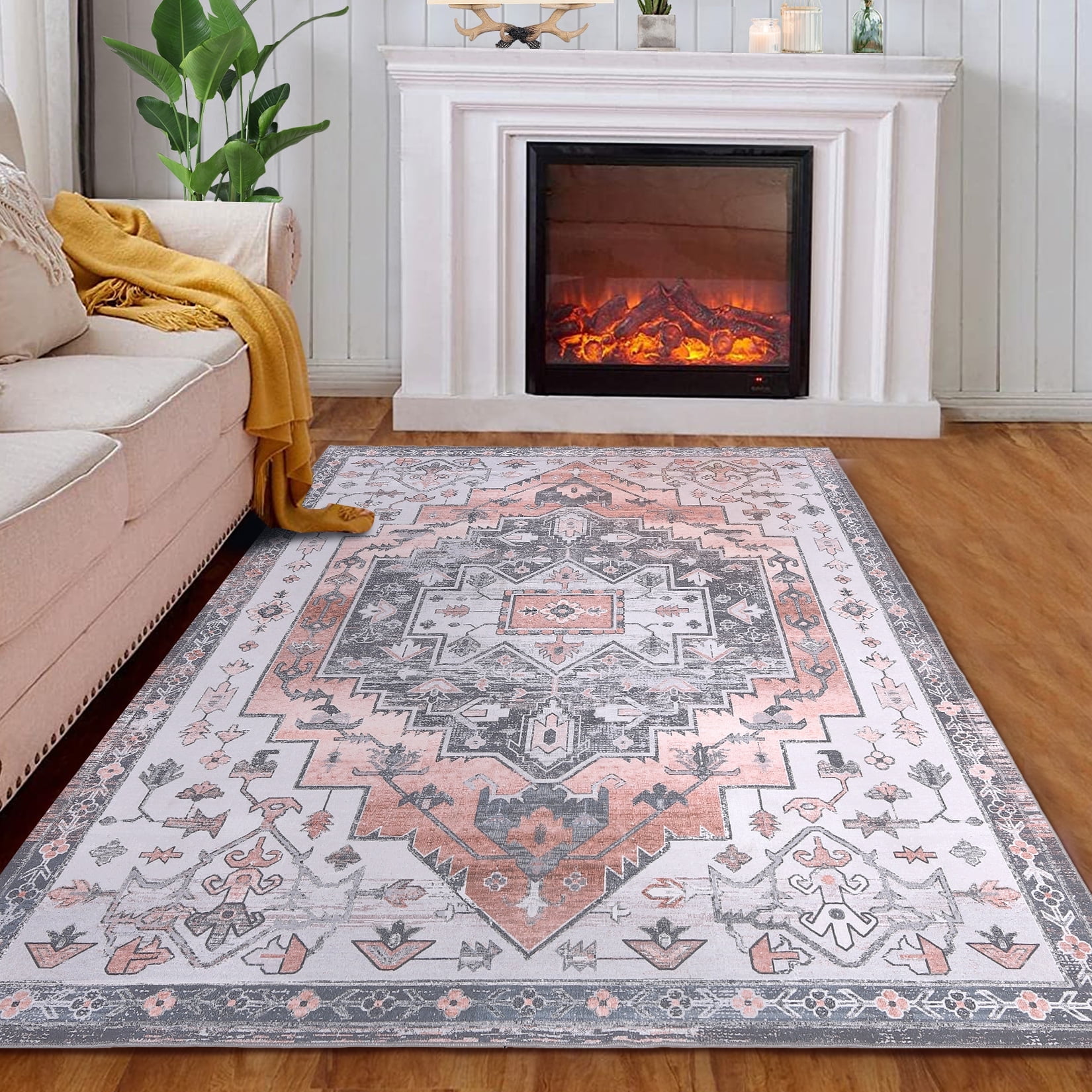 Boho Area Rug Vintage Medallion Distressed Anti Slip Rubber Backing Rug Non Shedding Large Rugs Living Room Bedroom Dining Home Office Area Rug 8 x