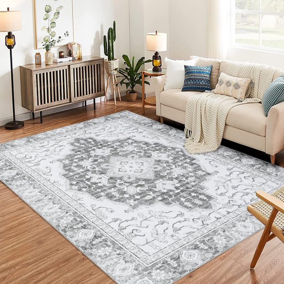 Boho Area Rug Vintage Medallion Distressed Anti-Slip Rubber Backing Rug Non-Shedding Carpet for Living Room Bedroom Dining Home Office