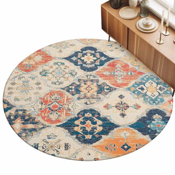 Boho Area Rug, Vintage Orange Blue Abstract Ethnic Flower Texture Non ...