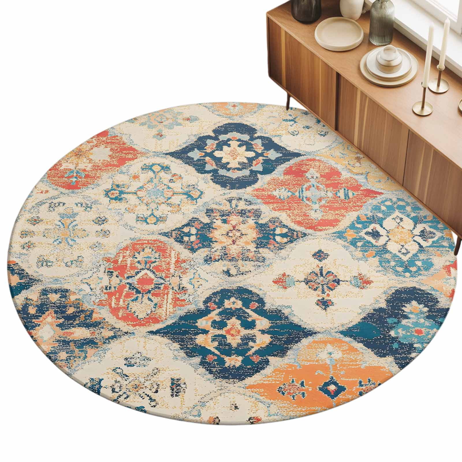 Boho Area Rug, Vintage Orange Blue Abstract Ethnic Flower Texture Non ...