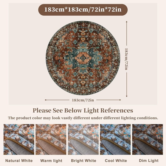 Boho Area Rug Washable 6x6ft Round Bedroom Rug Non-Slip Oriental Throw Rug Low-Pile Floor Carpet for Dining Room Living Room(Brick Red/Dull Teal)