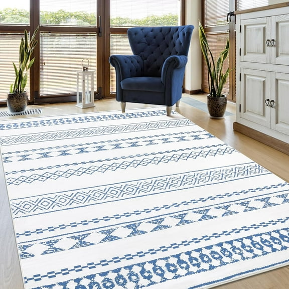 Boho Area Rugs 9' x 12', Washable Rug Ultra-Soft Anti-Slip Floor Cover Low Pile Farmhouse Carpet Non-Shedding Foldable Geometric Rug for for Living Room Bedroom, Blue