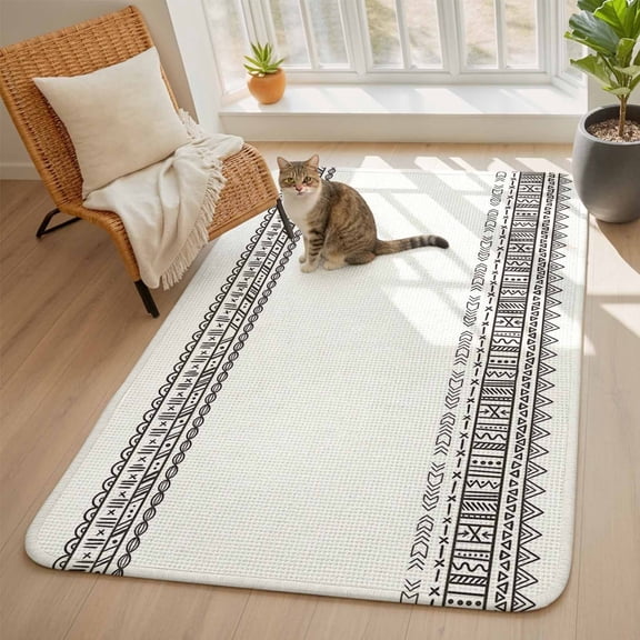 Boho Area Rugs for Living Room 5x6, National Style Black Concise Washable Area Rug with Non Slip Backing, Stain Resist Linen Carpet for Bedroom, Dining Room, Entryway, Entrance