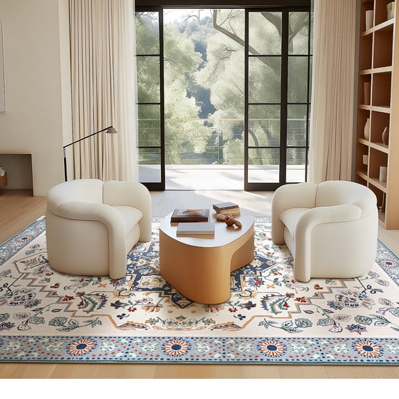 Boho Area Rugs, Ultra-Thin Vintage Rugs, Large Area Rug, Rugs for Living Room, Room Decor, Home Decor, Kitchen, Non-Slip Rugs, Moroccan Carpet Decoration, 6 x 9 ft, Blue, 1 Pack