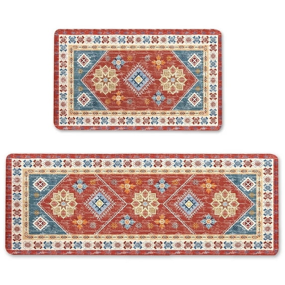 Red Boho Kitchen Rugs and Mats Set of 2, 17"x47"+17"x30" Non-Slip Machine Washable Runner Rugs for Kitchen Floor, Soft Kitchen Mat Set for Home,Laundry Room,Floral Pattern