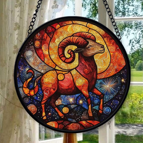 Boho Aries The Ram Stained Glass Window Hanging Suncatcher, Suncatcher Stained Glass Christmas Halloween, Stained Glass Ornament 2025, Holiday Decoration, Seasonal Keepsake Gift,