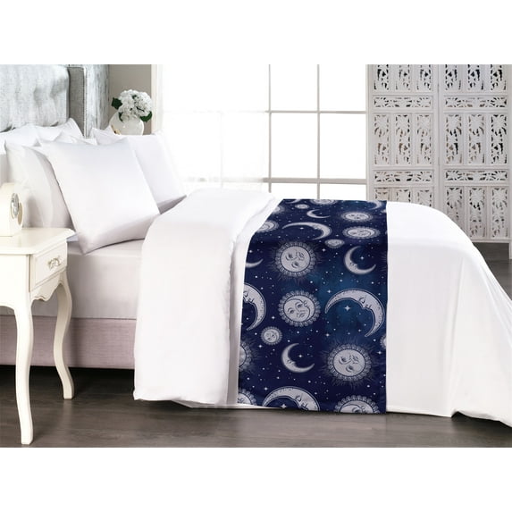 Boho Art Bed Runner, Astrology Inspired Sun and Moon Outer Space Galaxy Night Pattern, Decorative Accent Bedding Scarf for Hotels Homes & Guest Rooms, King, Pale Ceil Blue and Indigo, by Ambesonne