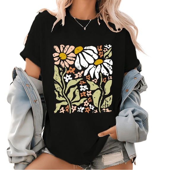 Boho Art Deco Floral Tee - Wildflowers Graphic Cotton Tops, Women's Vintage Inspired Spring Blouse