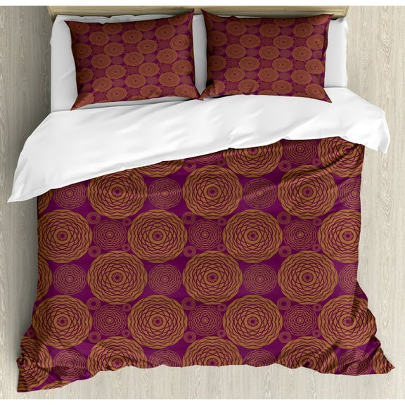 Boho Art Duvet Cover Set, Ethnic Damask Geometric Floral Circles in Oriental Tones, Decorative 3 Piece Bedding Set with 2 Pillow Shams, King Size, Purple and Pale Caramel, by Ambesonne