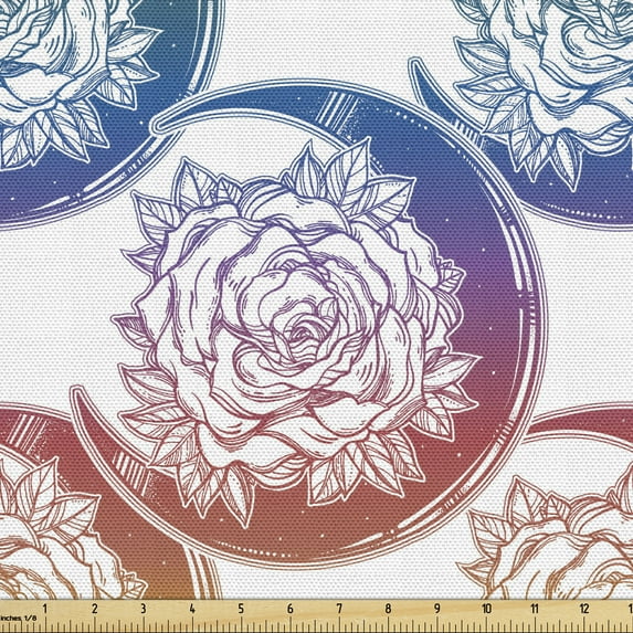 Boho Art Fabric by the Yard Upholstery, Ombre Style Colored Crescent Moon with Blossoming Big Rose Flower Petal, Decorative Fabric for DIY and Home Accents, 3 Yards, White and Multicolor by Ambesonne