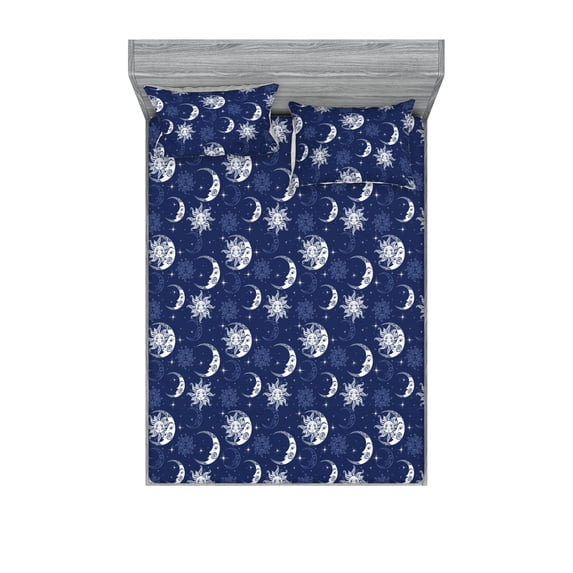 Boho Art Fitted Sheet & Pillow Sham Set, Crescent Shape Moon and Sun Hippie Bohemian Style of Drawing Boho Midnight, Decorative Printed 3 Piece Bedding Decor, Queen, Night Blue White, by Ambesonne