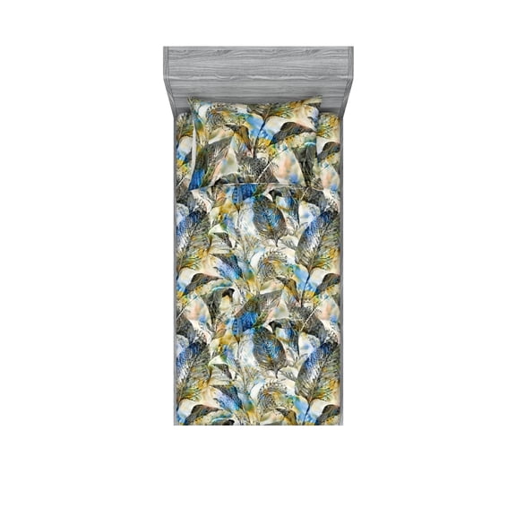 Boho Art Fitted Sheet & Pillow Sham Set, Ethnic Tribal Concept Mandala Circles and Bohemian Folk Leafy Feathers, Decorative Printed 2 Piece Bedding Decor, Twinxl, Grey Blue and Eggshell, by Ambesonne