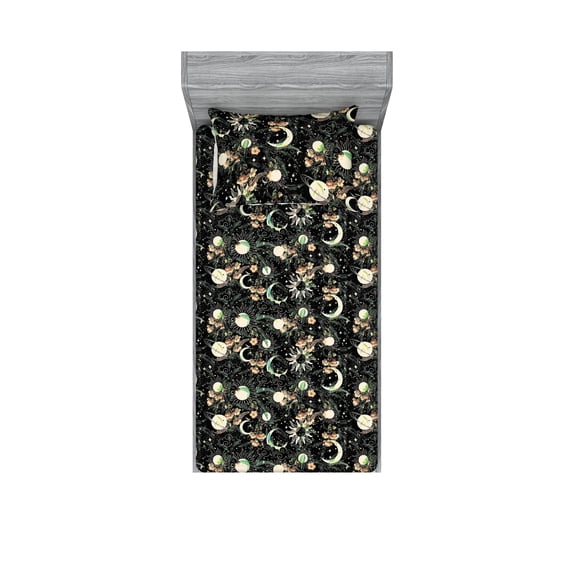 Boho Art Fitted Sheet & Pillow Sham Set, Space Inspired Sun and Moon Motifs Floral Bloom of Galaxy Boho Pattern, Decorative Printed 2 Piece Bedding Decor, Twinxl, Green Peach and Black, by Ambesonne