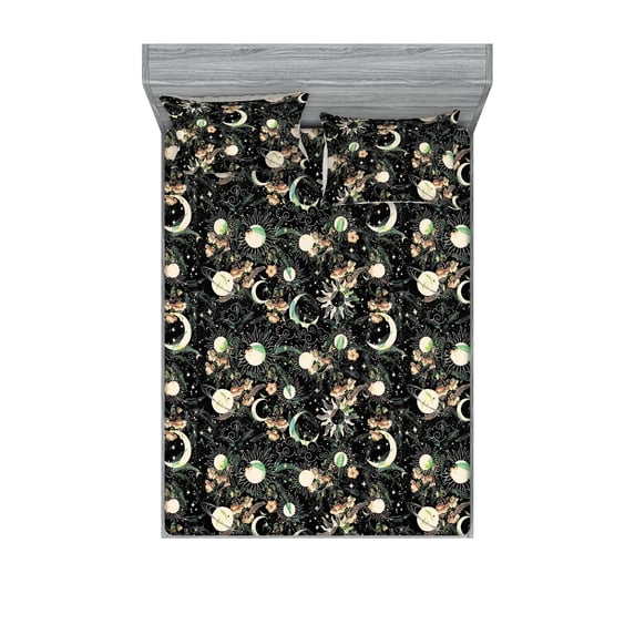 Boho Art Fitted Sheet & Pillow Sham Set, Space Inspired Sun and Moon Motifs Floral Bloom of Galaxy Boho Pattern, Decorative Printed 3 Piece Bedding Decor, Calking, Green Peach and Black, by Ambesonne