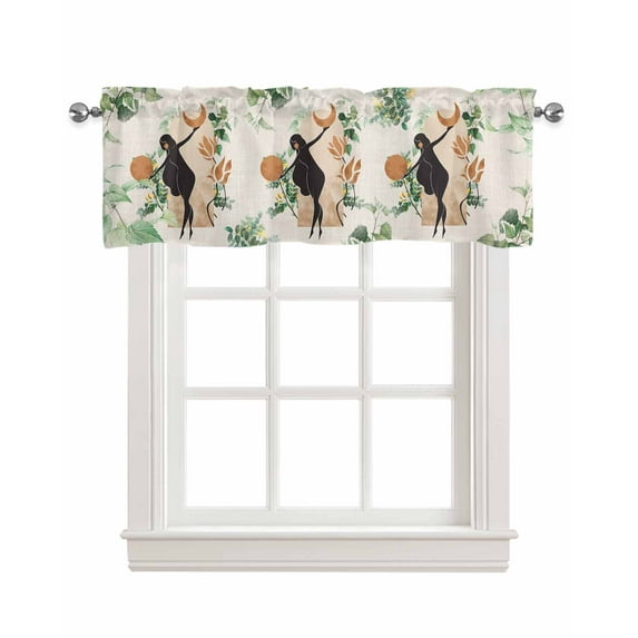 Boho Art Linen Curtain Valance for Bedroom/Bathroom/Kitchen/Office/Living/Dining Room Window,Modern Abstract Tropical Leaves Green Brown Rod Pocket Topper Decorative Cafe Drapes Panel 42"x18"