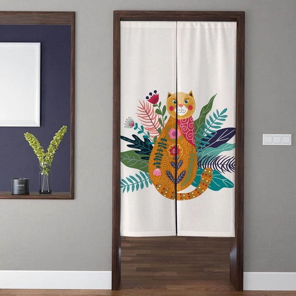Boho Art Noren Door Curtain, Nature Landscape Leaves Abstract Kitten Doorway Curtain, For Kitchen Partition Bedroom Door Privacy Decor
