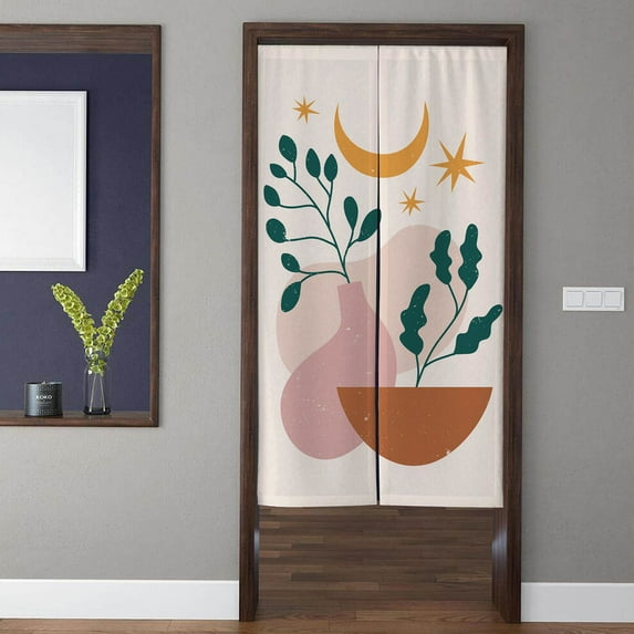 Boho Art Noren Door Curtain stars moon potted plant Pattern White Doorway Curtain for Kitchen Partition Bedroom Door Privacy Decor