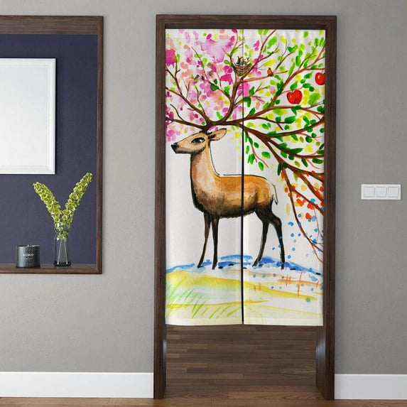 Boho Art Noren Door Curtains, Nature Landscape Colorful Tree Deer Doorway Curtain, For Kitchen Partition Bedroom Door Privacy Decor